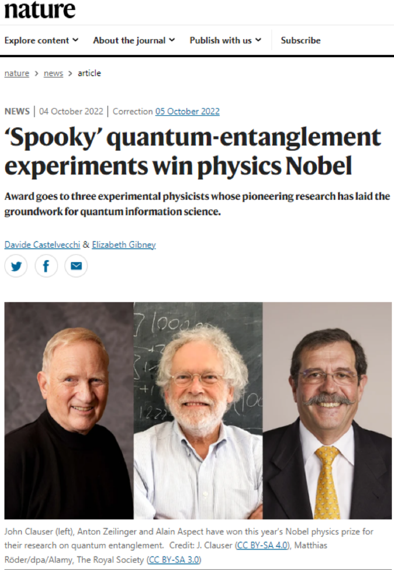 Spooky, 양자 얽힘 실험으로 노벨 물리학상 수상